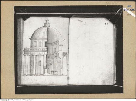 Vorderseite von Mellon? [https://www.deutsche-digitale-bibliothek.de/content/lizenzen/rv-ez/] Codex Mellon (Sketchbook of Menicantonio)Aufriss und Schnitt des Tempietto von Bramante - , bh120778_recto. Foto.