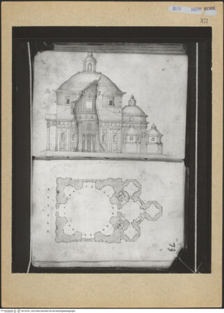 Vorderseite von Mellon? [https://www.deutsche-digitale-bibliothek.de/content/lizenzen/rv-ez/] Codex Mellon (Sketchbook of Menicantonio)Aufriss und Grundriss des Saturntempels - , bh120781_recto. Foto.