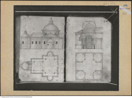 Vorderseite von Mellon? [https://www.deutsche-digitale-bibliothek.de/content/lizenzen/rv-ez/] Codex Mellon (Sketchbook of Menicantonio)Grundriss und Aufriss einer Kirche im Zentralbau und Grundriss und Aufriss des Oratorium della Santa Croce - , bh120782_recto. Foto.