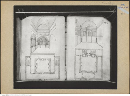 Vorderseite von Mellon? [https://www.deutsche-digitale-bibliothek.de/content/lizenzen/rv-ez/] Codex Mellon (Sketchbook of Menicantonio)Grundrisse zweier Mausoleen - , bh120783_recto. Foto.