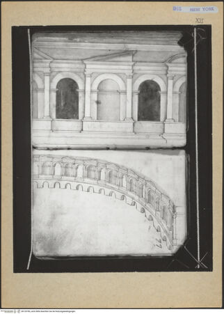 Vorderseite von Mellon? [https://www.deutsche-digitale-bibliothek.de/content/lizenzen/rv-ez/] Codex Mellon (Sketchbook of Menicantonio)Aufriss (Detail) der östlichen Exedra auf dem Trajansforum und Aufriss der östlichen Exedra auf dem Trajansforum - , bh120785_recto. Foto.