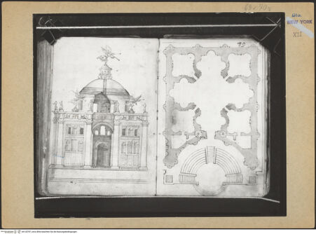 Vorderseite von Mellon? [https://www.deutsche-digitale-bibliothek.de/content/lizenzen/rv-ez/] Codex Mellon (Sketchbook of Menicantonio)Auf- und Grundriss einer Kirche über griechischem Kreuz - , bh120787_recto. Foto.