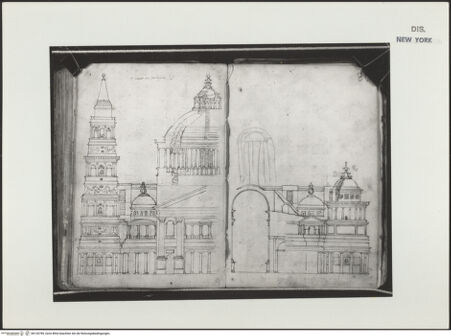 Vorderseite von unbekannt [https://www.deutsche-digitale-bibliothek.de/content/lizenzen/rv-ez/] Codex Mellon (Sketchbook of Menicantonio)Rom, Sankt Peter (Fassadenprojekt und Schnitt durch die Vierungskuppel; Schnitt durch den westlichen Chorarm und seinen Umgang) - , bh120789_recto. Foto.