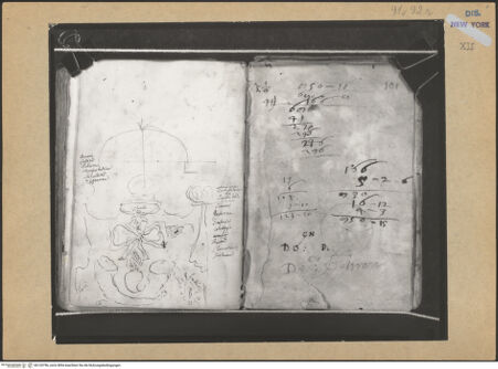 Vorderseite von Mellon? [https://www.deutsche-digitale-bibliothek.de/content/lizenzen/rv-ez/] Codex Mellon (Sketchbook of Menicantonio)Skizzen mit Ornament, Text und Rechnungen - , bh120796_recto. Foto.