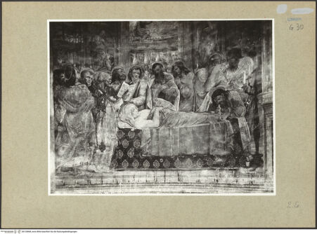 Vorderseite von ICCD [https://www.deutsche-digitale-bibliothek.de/content/lizenzen/rv-ez/] Szenen aus dem Leben der Maria und HeiligeMarientod - Untere Hälfte: Versammlung der Apostel an Marias Sterbebett, bh120868_recto. Foto.