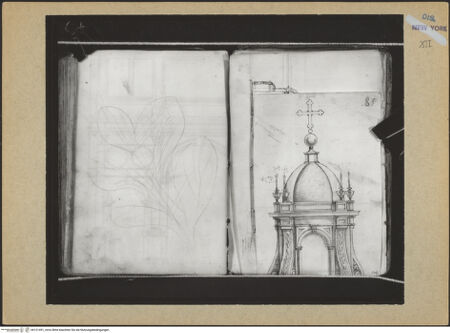 Vorderseite von Mellon? [https://www.deutsche-digitale-bibliothek.de/content/lizenzen/rv-ez/] Codex Mellon (Sketchbook of Menicantonio)Einzelblatt: Laterne einer Kuppel oder oberer Teil eines Tabernakels - , bh121491_recto. Foto.