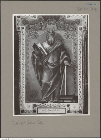 Vorderseite von Sopr. BAS ROMA [https://rightsstatements.org/page/CNE/1.0/] Zyklus von Szenen aus dem Marienlebenlinke Wand: Maria, Petrus, Paulus, und der Erzengel Michael als Protektoren Roms - , bh123290_recto. Foto.