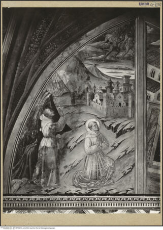 Vorderseite von ICCD [https://www.deutsche-digitale-bibliothek.de/content/lizenzen/rv-ez/] Szenen aus dem Leben der Heiligen Franziskus und Bernhard von SienaVertreibung der Teufel aus Arezzo; Papst Innozenz III. träumt von der einstürzenden Lateransbasilika - Linke Hälfte: Vertreibung der Teufel aus Arezzo, bh125833_recto. Foto (digital).