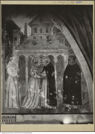 Vorderseite von ICCD [https://www.deutsche-digitale-bibliothek.de/content/lizenzen/rv-ez/] Szenen aus dem Leben der Heiligen Franziskus und Bernhard von SienaBegegnung zwischen den Heiligen Dominikus und Franziskus; Regelbestätigung des Franziskanerordens durch Papst Innozenz III. - Rechte Hälfte: Begegnung zwischen den Heiligen Dominikus und Franziskus, bh125836_recto. Foto (digital).