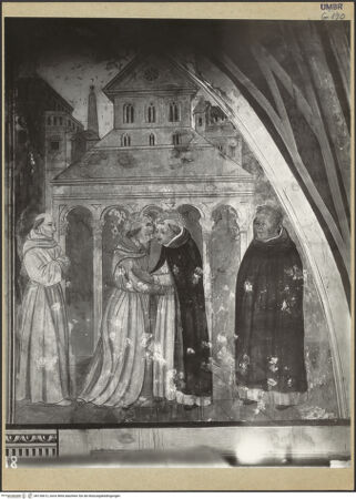 Vorderseite von ICCD [https://www.deutsche-digitale-bibliothek.de/content/lizenzen/rv-ez/] Szenen aus dem Leben der Heiligen Franziskus und Bernhard von SienaBegegnung zwischen den Heiligen Dominikus und Franziskus; Regelbestätigung des Franziskanerordens durch Papst Innozenz III. - Rechte Hälfte: Begegnung zwischen den Heiligen Dominikus und Franziskus, bh126612_recto. Foto (digital).