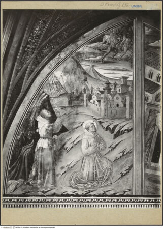 Vorderseite von ICCD [https://www.deutsche-digitale-bibliothek.de/content/lizenzen/rv-ez/] Szenen aus dem Leben der Heiligen Franziskus und Bernhard von SienaVertreibung der Teufel aus Arezzo; Papst Innozenz III. träumt von der einstürzenden Lateransbasilika - Linke Hälfte: Vertreibung der Teufel aus Arezzo, bh126615_recto. Foto (digital).