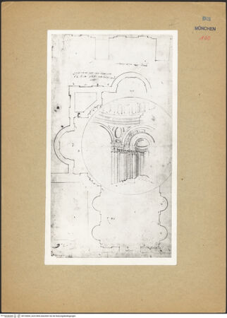 Vorderseite von Staatliche Graphische Sammlung [http://creativecommons.org/publicdomain/mark/1.0/] Bibiena-Klebeband IIIGrundriss mit perspektivischer Innenansicht von San Biagio della Pignotta in Rom - Gesamtansicht, bh126694_recto. Foto.
