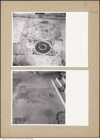 Vorderseite von unbekannt [https://www.deutsche-digitale-bibliothek.de/content/lizenzen/rv-fz/] Fußboden - Mittelschiff, östlicher Bereich: Mosaikboden mit unregelmäßigen Opus tessellatum und Opus sectile, nach Osten, bh129910_recto. Foto: Paeseler, Wilhelm.