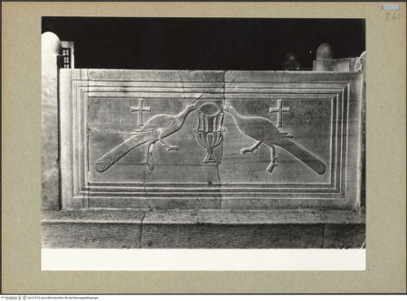 Vorderseite von Böhm [https://www.deutsche-digitale-bibliothek.de/content/lizenzen/rv-ez/] Fragment eines Pluteus (Brüstung) mit Vase zwischen Pfauen und Kreuzen - Gesamtansicht, bh131974_recto. Foto: Böhm, Osvaldo.