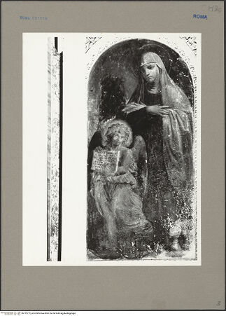 Vorderseite von Bibliotheca Hertziana [https://www.deutsche-digitale-bibliothek.de/content/lizenzen/rv-fz/] Wand- und Deckenmalereien in der AndreaskapelleFresken der Altarwand: Santa Francesca Romana und Franziskus - Bildfeld rechts des Altars: Franziska Romana, bh132273_recto. Foto: Rigamonti.