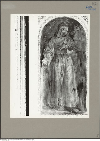 Vorderseite von Bibliotheca Hertziana [https://www.deutsche-digitale-bibliothek.de/content/lizenzen/rv-fz/] Wand- und Deckenmalereien in der AndreaskapelleFresken der Altarwand: Santa Francesca Romana und Franziskus - Bildfeld links des Altars: Franziskus, bh132274_recto. Foto: Rigamonti.
