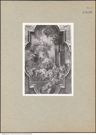 Vorderseite von Poensgen, Thomas [https://www.deutsche-digitale-bibliothek.de/content/lizenzen/rv-ez/] Szenen aus dem Leben des heiligen Benedikt von NursiaVision des hl. Benedikt: die Seele seiner Schwester, der hl. Scholastica, wird in Form einer Taube gen Himmel getragen - Gesamtansicht, bh133388_recto. Foto: Poensgen, Thomas.