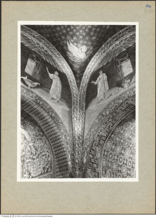 Vorderseite von Villani [https://www.deutsche-digitale-bibliothek.de/content/lizenzen/rv-ez/] Mosaikzyklus mit dem apokalyptischen Triumph des Kreuzes, den Aposteln, dem Heiligen Laurentius und dem Guten HirtenKuppelmosaik mit apokalyptischen Wesen - Südöstliches Pendentif (der Löwe), bh133621_recto. Foto: Villani.