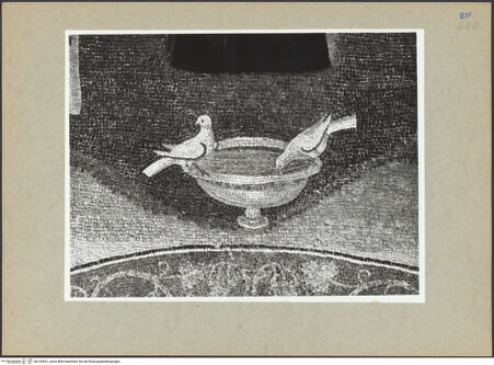 Vorderseite von Villani [https://www.deutsche-digitale-bibliothek.de/content/lizenzen/rv-ez/] Mosaikzyklus mit dem apokalyptischen Triumph des Kreuzes, den Aposteln, dem Heiligen Laurentius und dem Guten HirtenOstwand und östliche Niche: Apostel, Tauben, Propheten und Hirsche - Ostwand, Detail: Tauben, bh133631_recto. Foto: Villani.