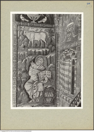 Vorderseite von Villani [https://www.deutsche-digitale-bibliothek.de/content/lizenzen/rv-ez/] Dekoration des PresbyteriumsDie Evangelisten Johannes und Lukas, Jeremia, Szenen aus dem Leben von Moses und AbrahamWeinrebe, die aus einer Vase sprießt, umgeben von Vögeln; Kreuz; die Evangelisten Johannes und Lukas - Detail, der Evangelist Lukas, bh133644_recto. Foto.