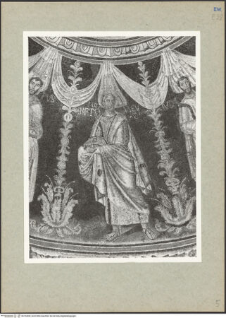 Vorderseite von Villani [https://www.deutsche-digitale-bibliothek.de/content/lizenzen/rv-ez/] Mosaikdekoration der Kuppel, der Pendentifs und der SockelzoneMittleres Register: Apostel mit Kronen - Bartholomäus, bh133690_recto. Foto: Villani.