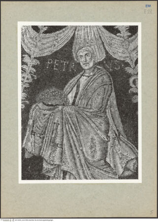 Vorderseite von Villani [https://www.deutsche-digitale-bibliothek.de/content/lizenzen/rv-ez/] Mosaikdekoration der Kuppel, der Pendentifs und der SockelzoneMittleres Register: Apostel mit Kronen - Petrus, Detail, bh133692_recto. Foto: Villani.