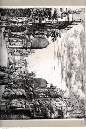 Vorderseite von  [http://creativecommons.org/publicdomain/mark/1.0/] Gartenansicht mit Architektur, Statuen und drei Personen - , bh134403. Foto.