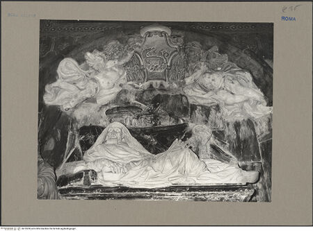 Vorderseite von Accademia Americana [https://www.deutsche-digitale-bibliothek.de/content/lizenzen/rv-ez/] Kenotaph des Kardinals Francesco Cennini de' Salamandri - Detail: Oberer Abschnitt mit Liegefigur, Kardinalsinsignien, Wappen und Putten, bh135290_recto. Foto.