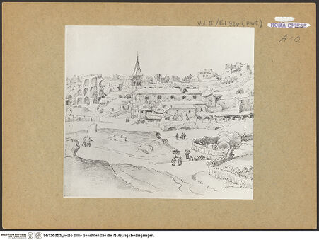 Vorderseite von Bibliotheca Hertziana [https://www.deutsche-digitale-bibliothek.de/content/lizenzen/rv-fz/] Heemskerck-Album IIPanorama von Rom vom Aventin aus gesehen - Detail, bh136855_recto. Foto.