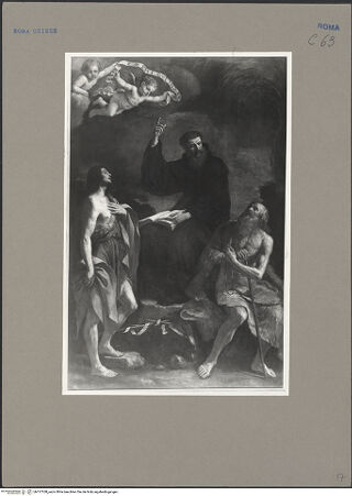 Vorderseite von ICCD [https://www.deutsche-digitale-bibliothek.de/content/lizenzen/rv-ez/] Der heilige Augustinus vor Paulus von Theben und Johannes der Täufer - Gesamtansicht (nach der Restaurierung), bh137358_recto. Foto.