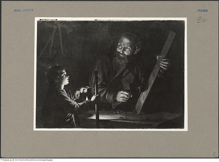 Vorderseite von Sopr. BAS ROMA [https://www.deutsche-digitale-bibliothek.de/content/lizenzen/rv-ez/] Joseph mit dem Christuskind in seiner Zimmermannswerkstatt - Gesamtansicht, bh137363_recto. Foto.