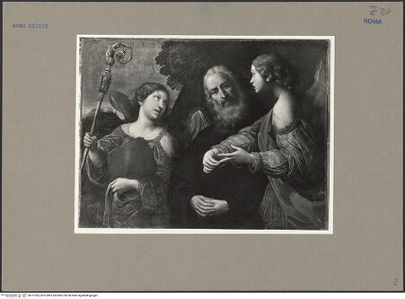 Vorderseite von Sopr. BAS ROMA [https://www.deutsche-digitale-bibliothek.de/content/lizenzen/rv-ez/] Der heilige Benedikt im Gespräch mit zwei Engeln - Gesamtansicht, bh137365_recto. Foto.