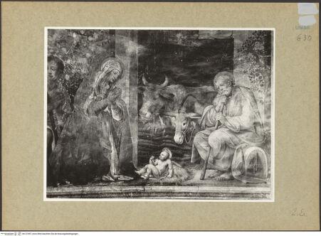 Vorderseite von ICCD [https://www.deutsche-digitale-bibliothek.de/content/lizenzen/rv-ez/] Szenen aus dem Leben der Maria und HeiligeAnbetung der Hirten - Detail: Anbetung durch Maria und Joseph, bh137497_recto. Foto.