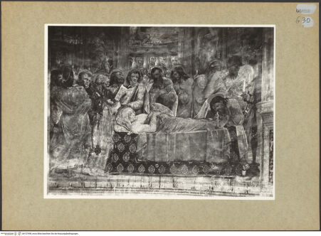 Vorderseite von ICCD [https://www.deutsche-digitale-bibliothek.de/content/lizenzen/rv-ez/] Szenen aus dem Leben der Maria und HeiligeMarientod - Untere Hälfte: Versammlung der Apostel an Marias Sterbebett, bh137498_recto. Foto.