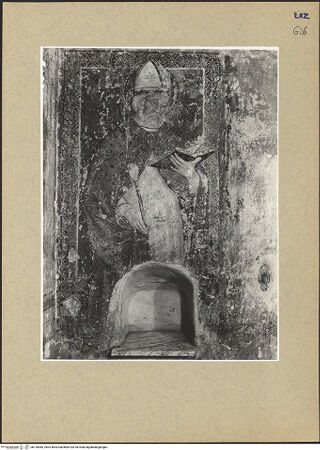 Vorderseite von ICCD [https://www.deutsche-digitale-bibliothek.de/content/lizenzen/rv-ez/] Szenen aus dem Leben Christi sowie HeiligengalerieHeiliger Bischof; heiliger Sebastian; heiliger Benedikt; die heiligen Bernhard und Lucia - Detail: heiliger Bischof und Wandnische, bh139085_recto. Foto.