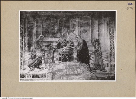 Vorderseite von ICCD [https://www.deutsche-digitale-bibliothek.de/content/lizenzen/rv-ez/] Szenen aus dem Leben Christi sowie HeiligengalerieDarbringung des Christuskindes im Tempel - Gesamtansicht, bh139191_recto. Foto.