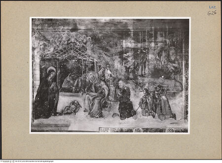 Vorderseite von ICCD [https://www.deutsche-digitale-bibliothek.de/content/lizenzen/rv-ez/] Szenen aus dem Leben Christi sowie HeiligengalerieGeburt Christi und Anbetung durch die Hirten sowie einen Stifter - Gesamtansicht, bh139192_recto. Foto.