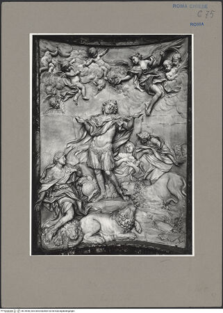 Vorderseite von ICCD [https://www.deutsche-digitale-bibliothek.de/content/lizenzen/rv-ez/] Der heilige Eustachius und seine Familie werden den Löwen vorgeworfen, ein Löwe verneigt sich vor dem Heiligen - Gesamtansicht, bh139446_recto. Foto.