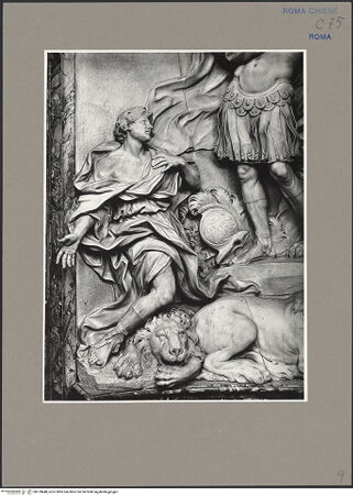 Vorderseite von ICCD [https://www.deutsche-digitale-bibliothek.de/content/lizenzen/rv-ez/] Der heilige Eustachius und seine Familie werden den Löwen vorgeworfen, ein Löwe verneigt sich vor dem Heiligen - Teilansicht, unten links: Sohn des Eustachius und Löwe, bh139448_recto. Foto.