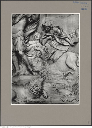 Vorderseite von ICCD [https://www.deutsche-digitale-bibliothek.de/content/lizenzen/rv-ez/] Der heilige Eustachius und seine Familie werden den Löwen vorgeworfen, ein Löwe verneigt sich vor dem Heiligen - Teilansicht, unten rechts: Löwen, bh139449_recto. Foto.