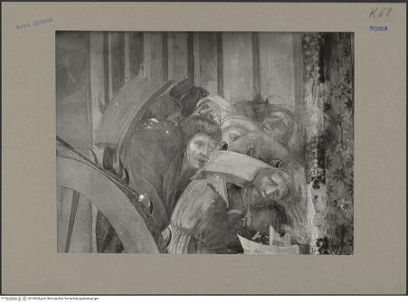 Vorderseite von Sopr.Mon.Laz. [https://www.deutsche-digitale-bibliothek.de/content/lizenzen/rv-ez/] Szenen aus dem Leben der heiligen Katharina von AlexandrienMartyrium der heiligen Katharina: das Rad mit eisernen Nägeln wird von einem Engel mit dem Schwert zerstört - Detail: erschrockene Zuschauer, bh139523_recto. Foto.