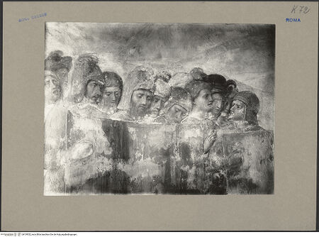 Vorderseite von Sopr.Mon.Laz. [https://www.deutsche-digitale-bibliothek.de/content/lizenzen/rv-ez/] Szenen aus dem Leben der heiligen Katharina von AlexandrienEnthauptung der heiligen Katharina und Übertragung ihres Leichnams auf den Berg Sinai durch Engel - Detail: Soldaten im Hintergrund, bh139532_recto. Foto.