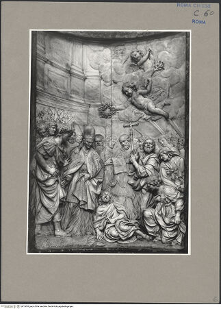 Vorderseite von ICCD [https://www.deutsche-digitale-bibliothek.de/content/lizenzen/rv-ez/] Tod des heiligen Alexius, Papst Sixtus III. mit Euphemianus darstellend - Gesamtansicht, bh139540_recto. Foto.