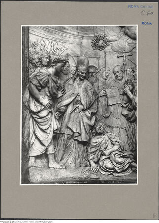 Vorderseite von ICCD [https://www.deutsche-digitale-bibliothek.de/content/lizenzen/rv-ez/] Tod des heiligen Alexius, Papst Sixtus III. mit Euphemianus darstellend - Teilansicht, links, bh139542_recto. Foto.