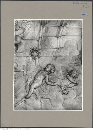 Vorderseite von ICCD [https://www.deutsche-digitale-bibliothek.de/content/lizenzen/rv-ez/] Tod des heiligen Alexius, Papst Sixtus III. mit Euphemianus darstellend - Detail: Putto mit Kranz und Lilienzweig, bh139543_recto. Foto.