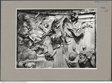 Vorderseite von ICCD [https://www.deutsche-digitale-bibliothek.de/content/lizenzen/rv-ez/] Steinigung der heiligen Emerentiana als sie am Grab ihrer Halbschwester, der heiligen Agnes, predigt - Teilansicht, oben (von Reti), bh139544_recto. Foto.