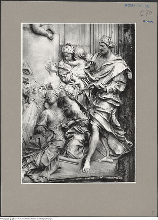 Vorderseite von ICCD [https://www.deutsche-digitale-bibliothek.de/content/lizenzen/rv-ez/] Tod der heiligen Cäcilia im Beisein von Papst Paschalis I. und dem heiligen Maximus - Teilansicht, rechts: die Heiligen Cäcelia und Maximus, bh139549_recto. Foto.