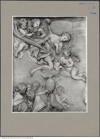 Vorderseite von ICCD [https://www.deutsche-digitale-bibliothek.de/content/lizenzen/rv-ez/] Tod der heiligen Cäcilia im Beisein von Papst Paschalis I. und dem heiligen Maximus - Teilansicht, oben links: Engel, bh139550_recto. Foto.