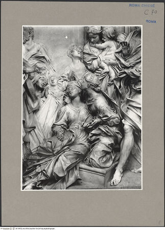 Vorderseite von ICCD [https://www.deutsche-digitale-bibliothek.de/content/lizenzen/rv-ez/] Tod der heiligen Cäcilia im Beisein von Papst Paschalis I. und dem heiligen Maximus - Teilansicht, mittig: die heilige Cäcilia, bh139552_recto. Foto.