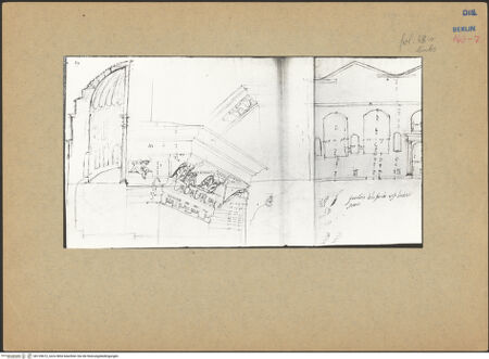 Vorderseite von Kunstbibliothek [https://www.deutsche-digitale-bibliothek.de/content/lizenzen/rv-ez/] Codex Destailleur DDiocletians-Thermen: Schnitt einer Nische mit Muschelkalotte, Gesims mit Konsole und Putti und Konsolgesims - Detail der linken Seite, bh139672_recto. Foto.